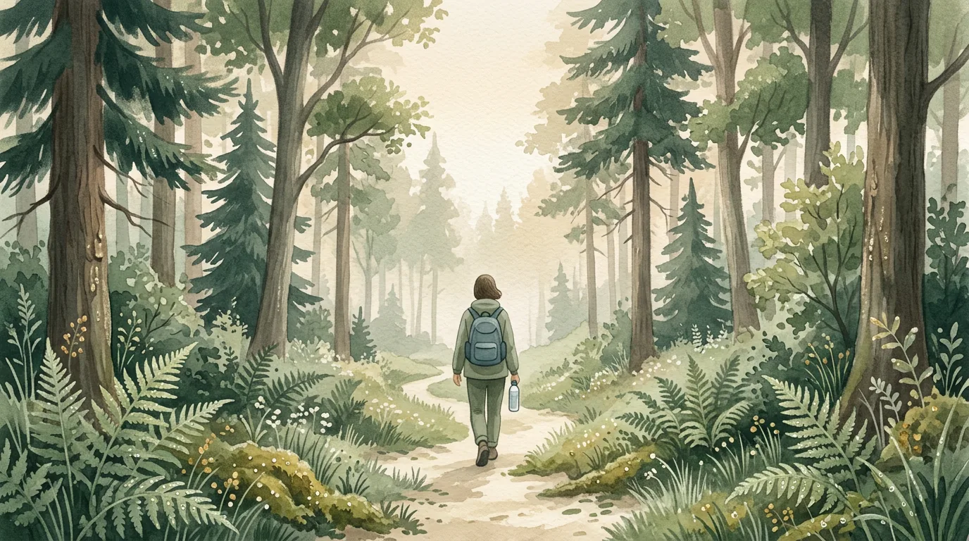 Ilustração em aquarela do ciclo 2, Saúde Física e Vitalidade: uma pessoa caminhando por uma trilha na floresta pela manhã