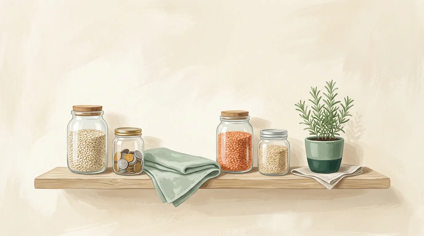 Ilustração em aquarela do ciclo 7, Finanças e Prosperidade: uma prateleira simples com potes de grãos e um vidro de moedas