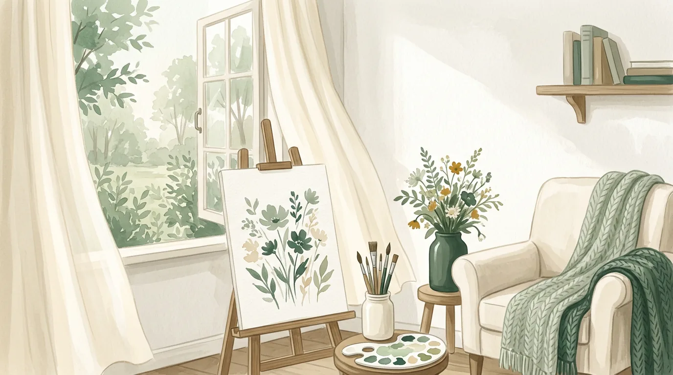 Ilustração em aquarela do ciclo 11, Criatividade e Qualidade de Vida: um cantinho iluminado com um cavalete e uma aquarela de flores pela metade, flores num vaso e uma poltrona com manta